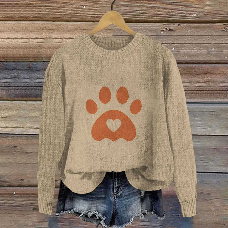 Cute Heart Cat Paw Print Crew Neck Casual Sweater