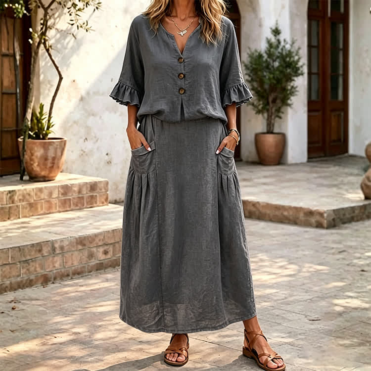 Solid Button V-neck Ruffle Sleeves Blouse & Solid Pocket Skirt Set - Dark Grey - 4XL - image 10