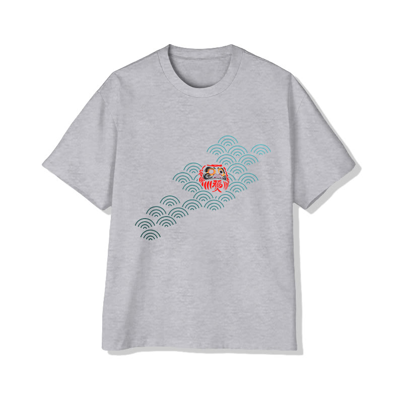 Unisex Japanese Daruma Ocean Wave Map Pattern Art Cotton Print T-shirt - Grey - US20-22(3XL) - image 4