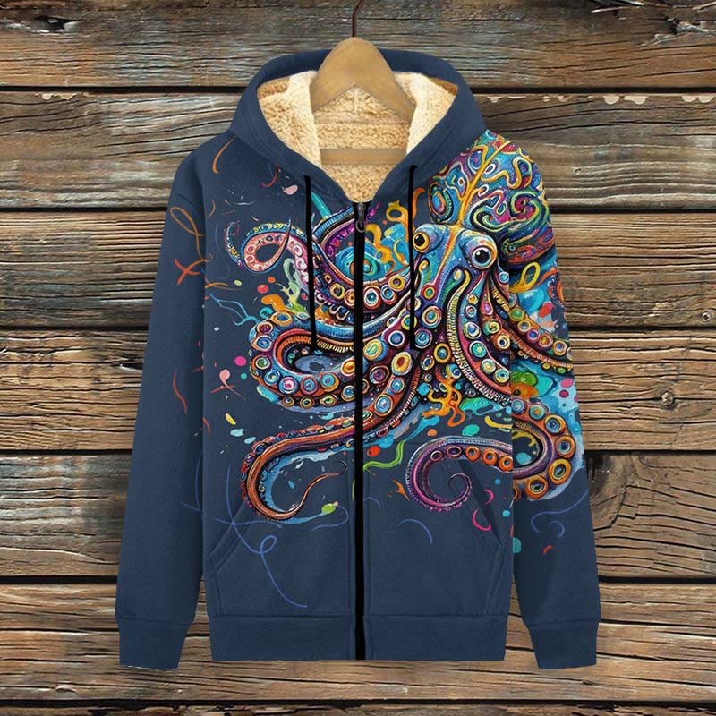 Vintage Rainbow Octopus Art Print Print Fleece Jacket - Navy Blue - 4XL - image 6