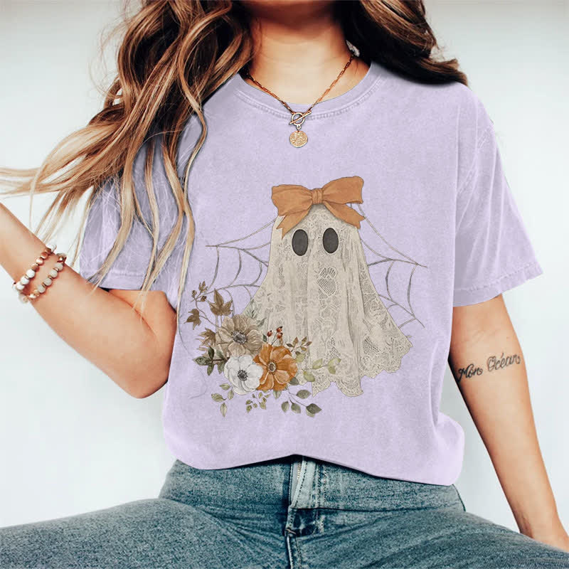 100% Cotton Halloween Funny Floral Bow Ghost Art Print T-shirt - Purple - 2XL - image 5