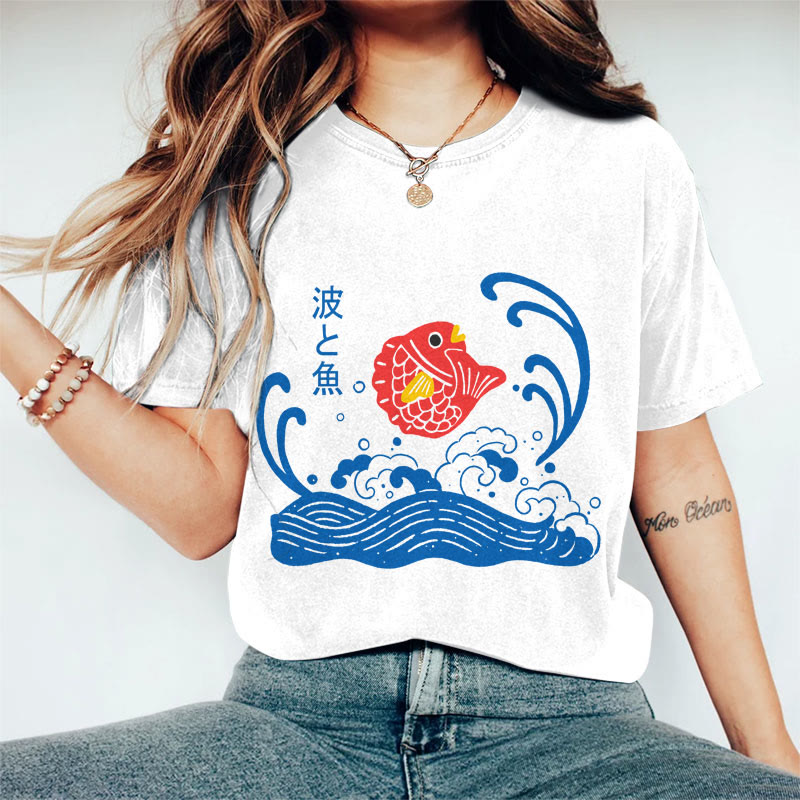 100% Cotton Women's Japanese Lovely Cartoon Koi Art Print Casual T-shirt - White - 2XL - image 3