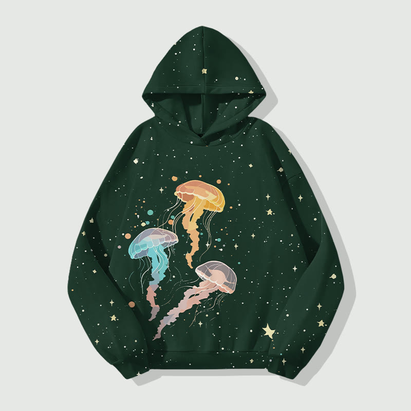Colored Jellyfish Dancing In Starry Universe Art Print Long Sleeve Hoodie - Dark Green - US44-46(8XL) - image 3