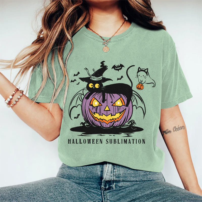 100% Cotton Women's Halloween Wizard Cat Lying On Pumpkin Art Print Casual T-shirt - Green - 2XL - image 5