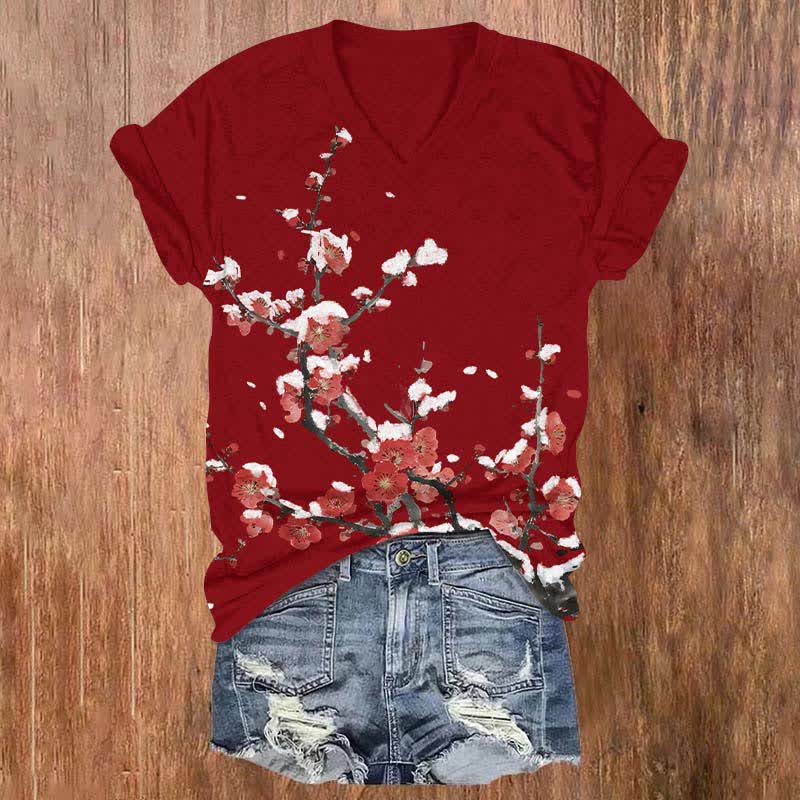 Japanese Vintage Plum Blossom Art Print V-neck T-shirt - Red - US32-34(5XL) - image 6
