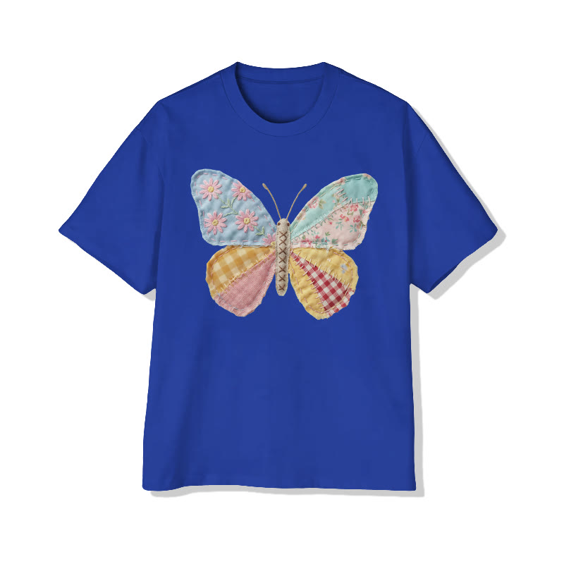  Pastoral Butterfly Floral Pattern Print Pattern Cotton Print T-shirt - Royal Blue - US16-18(2XL) - image 4