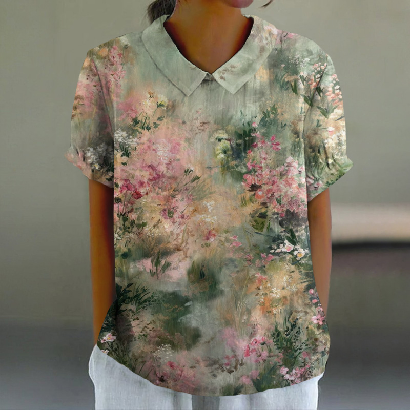 Oil Painting Blurred Floral Art Print Casual Lapel Loose Blouse - Green - 6XL - image 1
