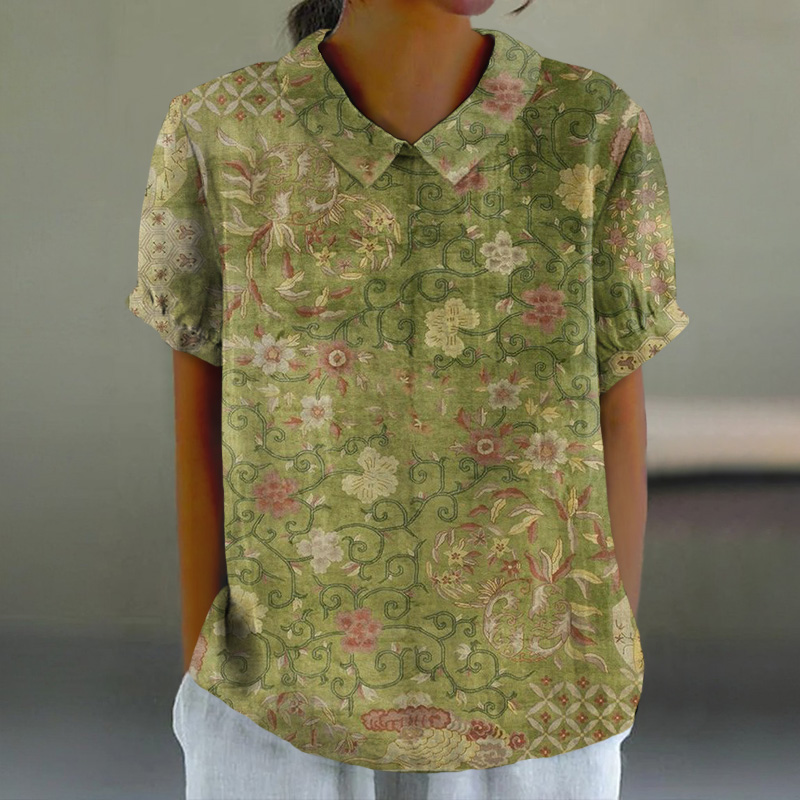 Retro Art Floral Print Casual Lapel Loose Blouse - Green - 6XL - image 1