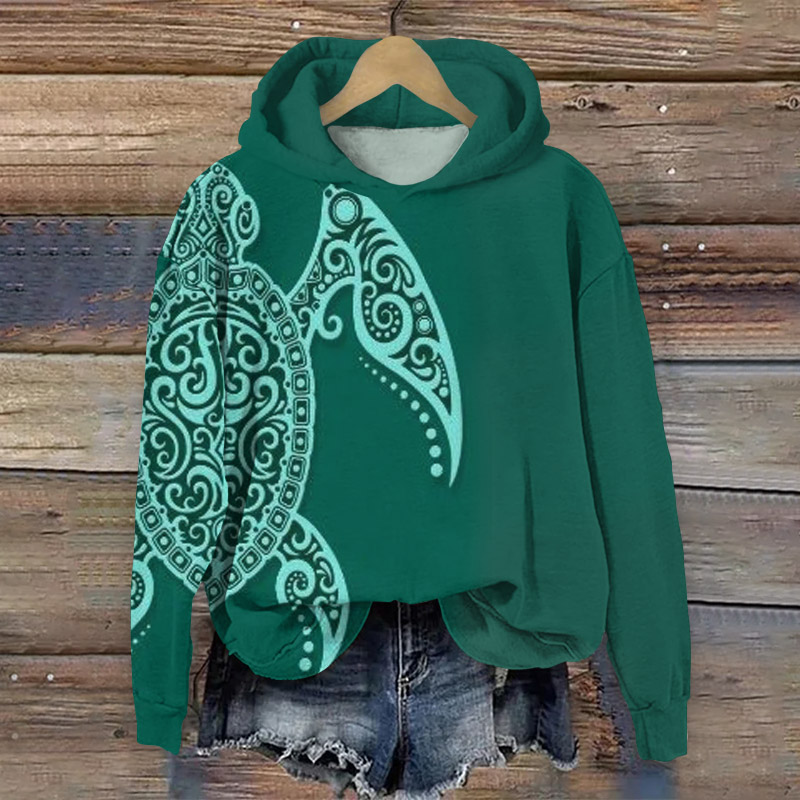 Japanese Turtle Print Long Sleeve Hoodie - Green - 8XL - image 1