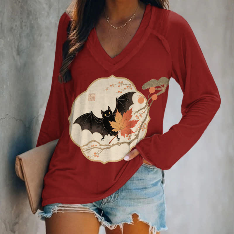 Halloween Bat On Maple Tree Branch Print Long Sleeve T-shirt - Red - 5XL - image 2