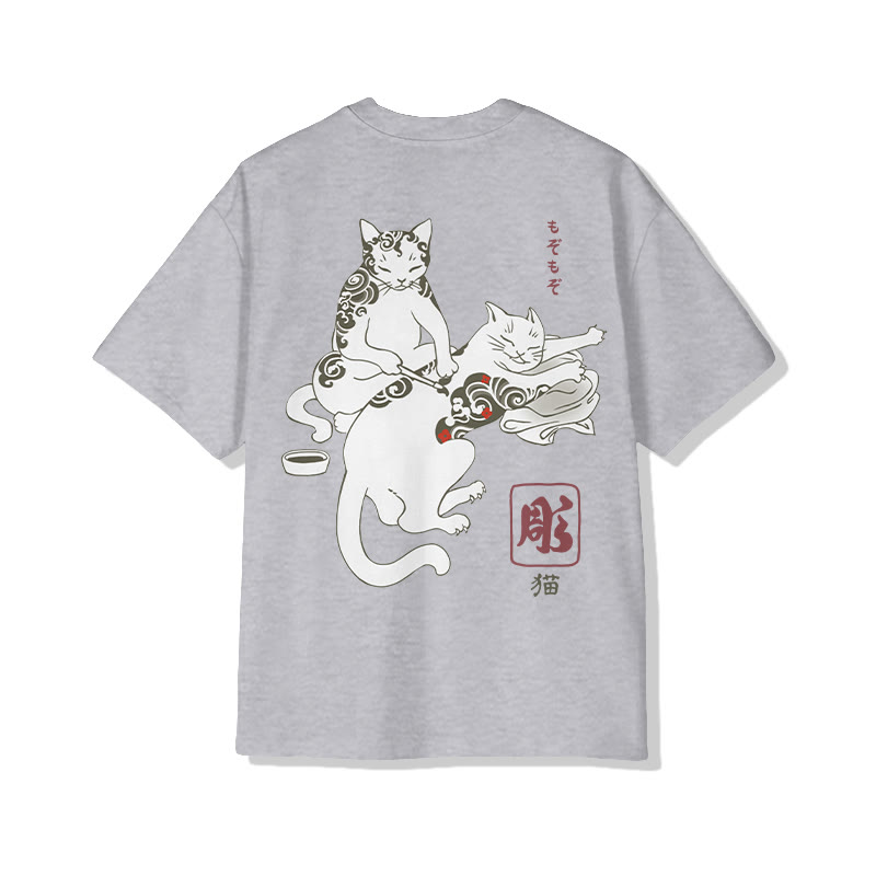 Unisex Fun Cat Tattoo Lounge Short Sleeved Crew Neck T-Shirt - Grey - 2XL - image 5