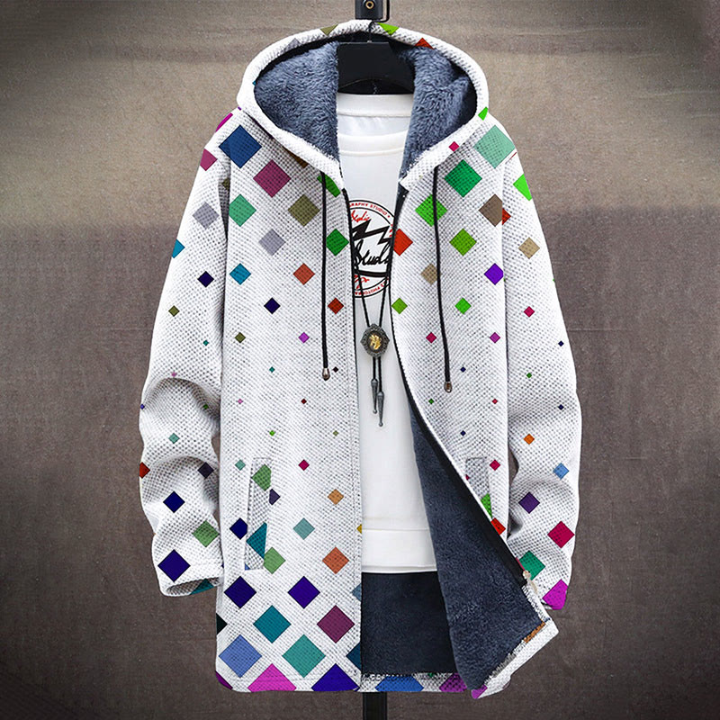Colorful Square Pattern Print Unisex Plush Thick Long-sleeved Fleece Jacket Coat - image 2