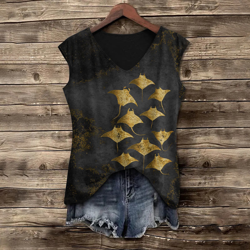 Vintage Manta Ray Art Print V Neck Casual Tank Top - Black - 5XL - image 2