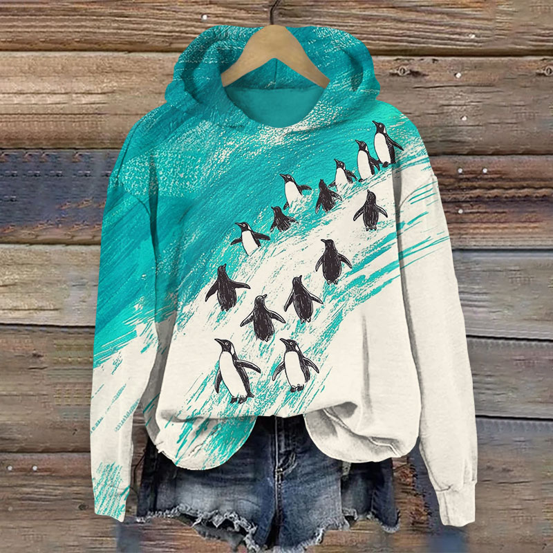 Oil Painting Lovely Penguin Print Long Sleeve Hoodie - Green - US44-46(8XL) - image 2