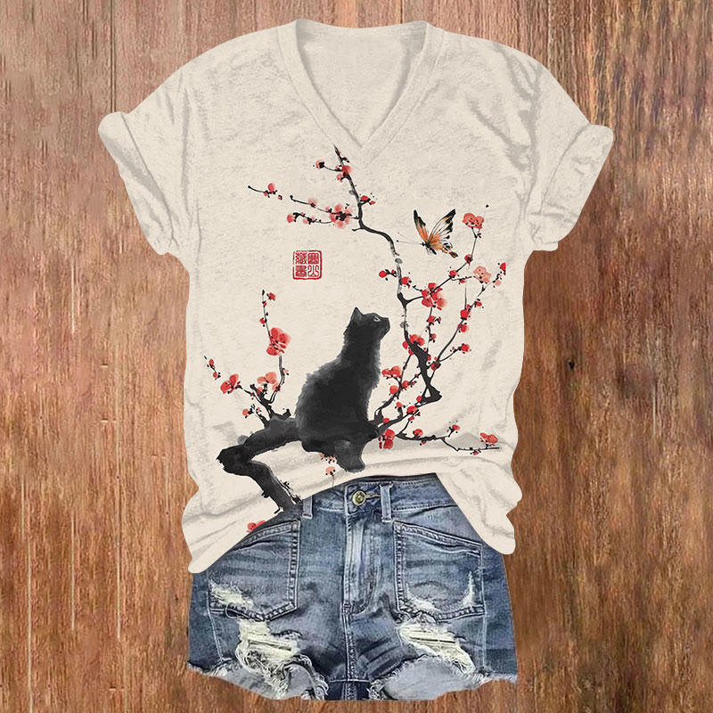 Japanese Style Ink Painting Plum Blossom Black Cat Butterfly Print V-neck T-shirt - Apricot - US32-34(5XL) - image 2