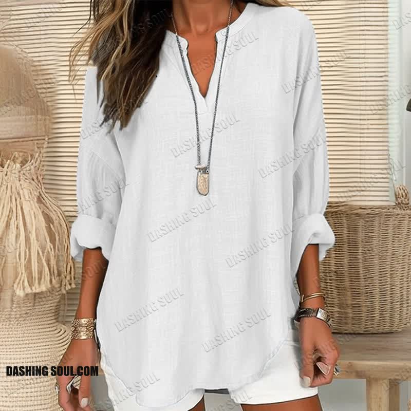Women's Solid Color V Neck Long Sleeve Blouse
