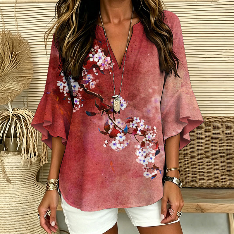 Japanese Antique Pear Blossom Ink Painting Print V-neck Half Sleeve Blouse - image 7