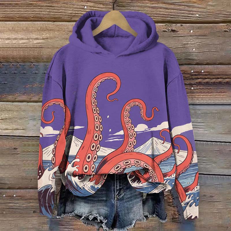 Japanese Cartoon Ocean Octopus Tentacles Print Long Sleeve Hoodie - Purple - US44-46(8XL) - image 3