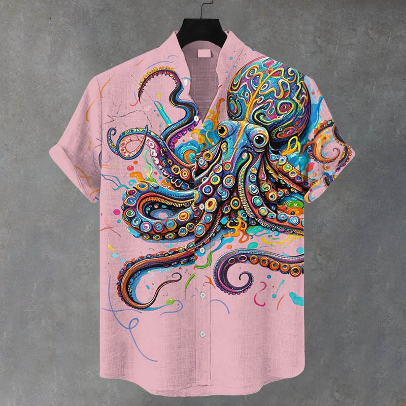 Men's Vintage Rainbow Octopus Print Casual Shirt - Pink - 5XL - image 7