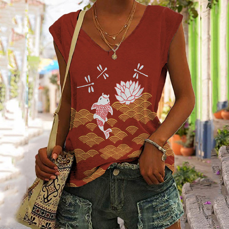 Japanese Style Koi Fish Dragonfly Wave Art Print V-neck Tank Top