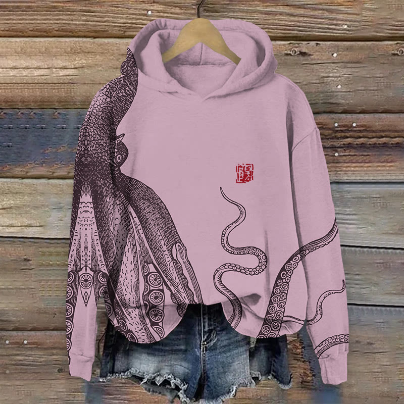 Japanese Art Octopus And Crab Print Long Sleeve Hoodie - Pink - 8XL - image 4