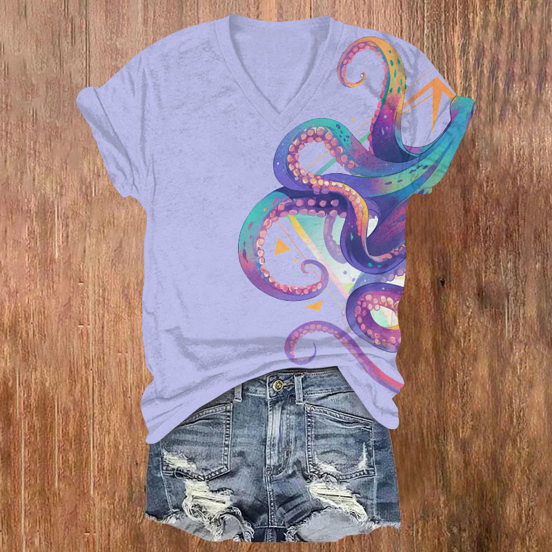 Watercolor Ombre Rainbow Octopus Art Print V-neck T-shirt - Purple - US32-34(5XL) - image 5