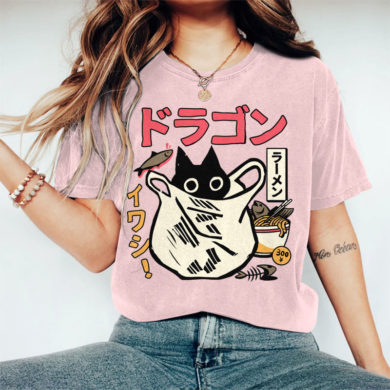 100% Cotton Women's Japanese Funny Cat & Fish Noodle Art Print Casual T-shirt - Pink - 2XL - image 3
