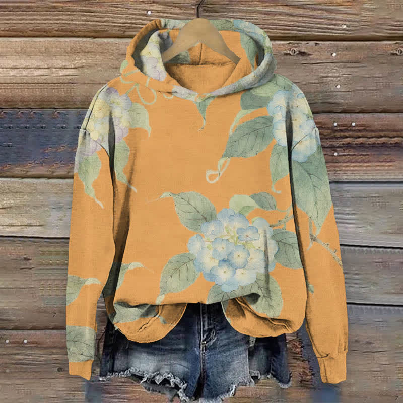 Japanese Watercolor Hydrangea Art Print Long Sleeve Hoodie - Orange - US44-46(8XL) - image 3