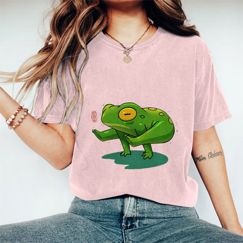 100% Cotton Funny Frog Yoga Art Print Casual T-shirt - Pink - 2XL - image 7