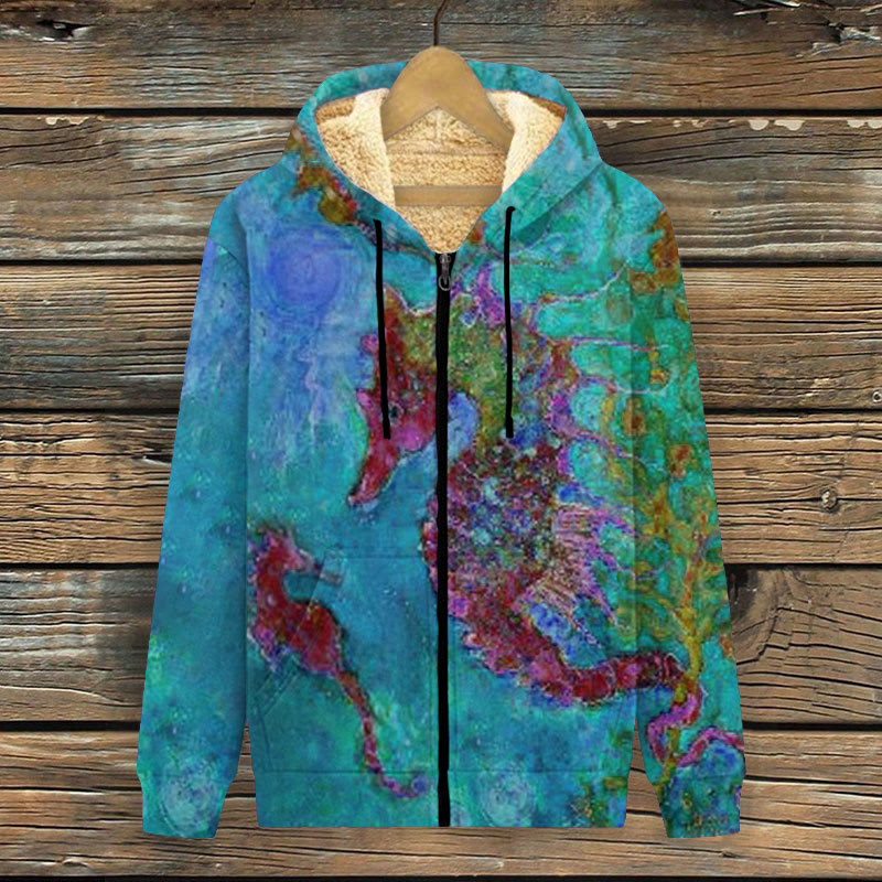 Contrast Color Seahorse Oil Painting Print Fleece Jacket - Lake Blue - 4XL - image 2