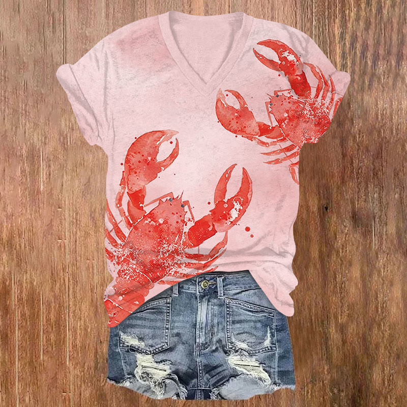 Watercolor Red Lobster Art Print V-neck T-shirt - Pink - US32-34(5XL) - image 2