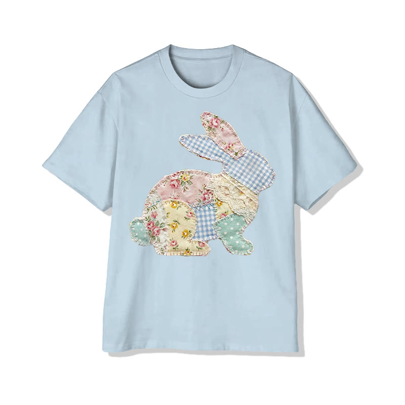 Trendy Pastoral Floral Bunny Patchwork Printed Cotton T-shirt - Light Blue - 2XL - image 11