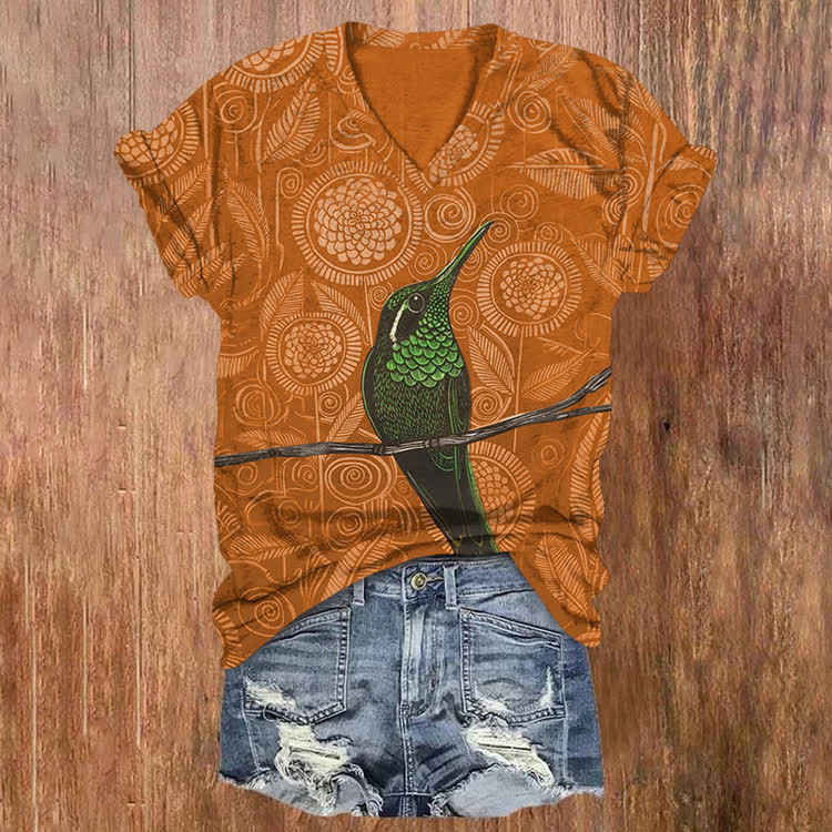 Vintage Geometric Flowers And Birds Pattern Print Short Sleeved V-Neck T-Shirt - Orange - US32-34(5XL) - image 6