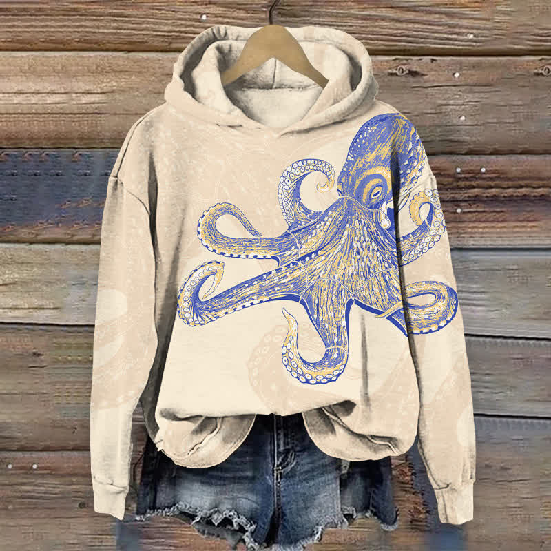 Creative Crayon Painting Octopus Art Print Long Sleeve Hoodie - Beige - US44-46(8XL) - image 3