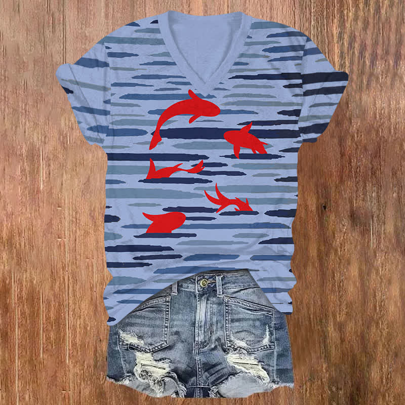 Japanese Wave Striped Red Koi Art Print V-neck T-shirt - Blue - US32-34(5XL) - image 2
