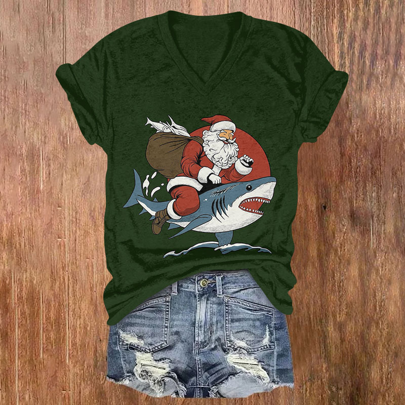 Santa Claus Riding A Shark Christmas Print V-neck T-shirt - Green - US32-34(5XL) - image 3