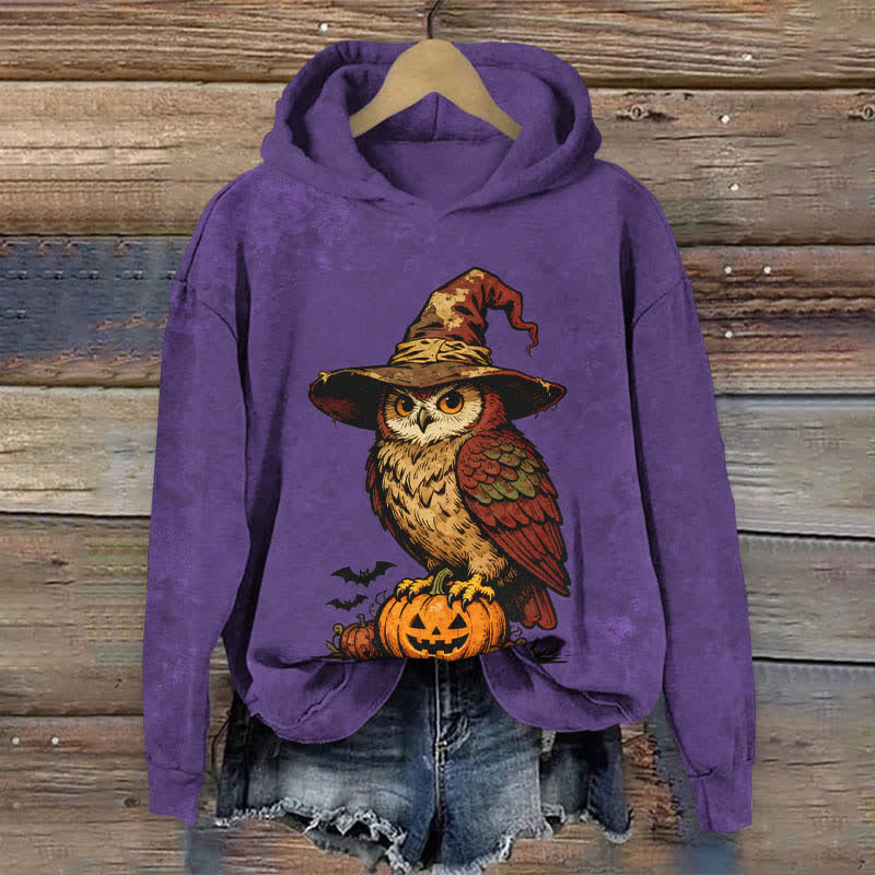 Halloween Wizard Owl Standing On A Pumpkin Print Long Sleeve Hoodie - Purple - US44-46(8XL) - image 2