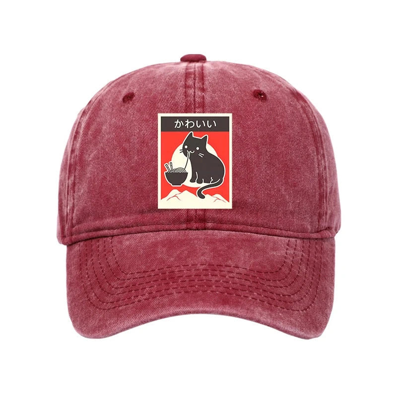 Unisex 100% Cotton Kawaii Vintage Style Japenese Ramen Cat Print Cap - Rose - one size - image 5