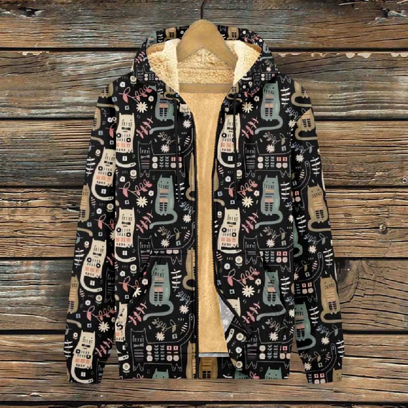 Women's Lovely Floral Abstract Cartoon Cats Print Fleece Jacket - image 2