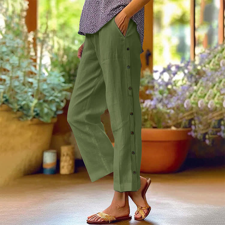 Casual Solid Pocket Pants With Side Buttons - Green - 3XL - image 6