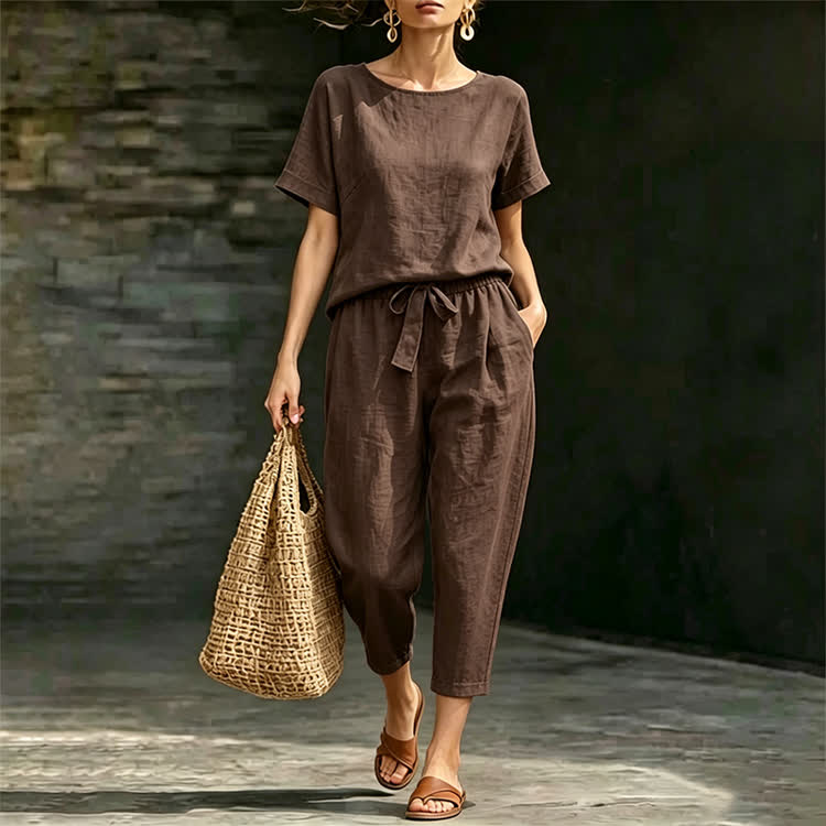 Casual Cozy Loose-Fit Solid Half Sleeve Blouse&Pants Set - image 4