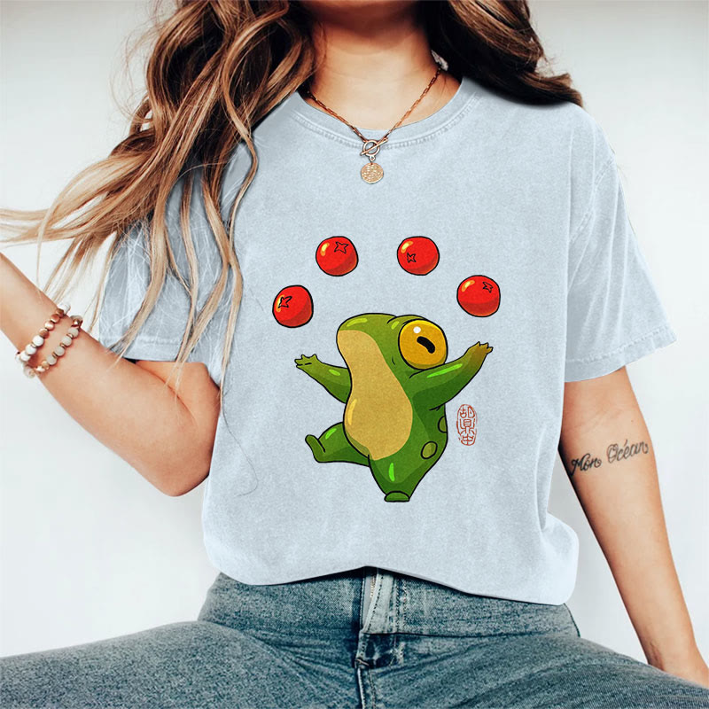 100% Cotton Funny Frog Art Print Casual T-shirt - Blue - 2XL - image 2
