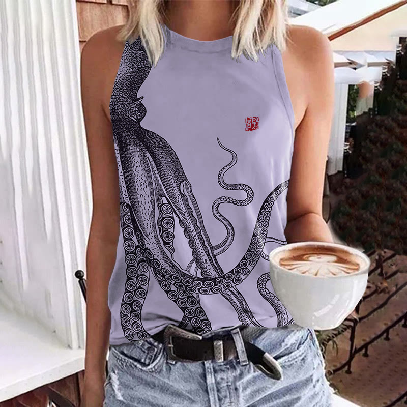 Japanese Style Octopus Print Crew Neck Tank Top - Purple - 5XL - image 2
