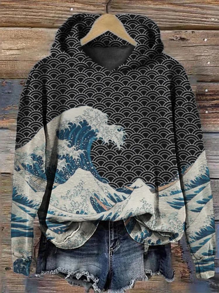 color block japanese wave printed long sleeve leisure hoodie