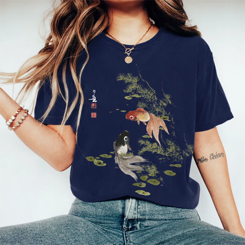 100% Cotton Japanese Koi Art Print Casual T-shirt - Dark Blue - 2XL - image 3