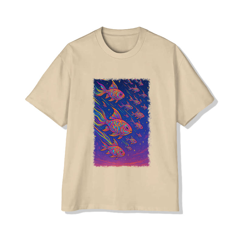 Unisex Japanese Fantasy Fish Print Short Sleeved Crew Neck T-Shirt - Apricot - 2XL - image 4