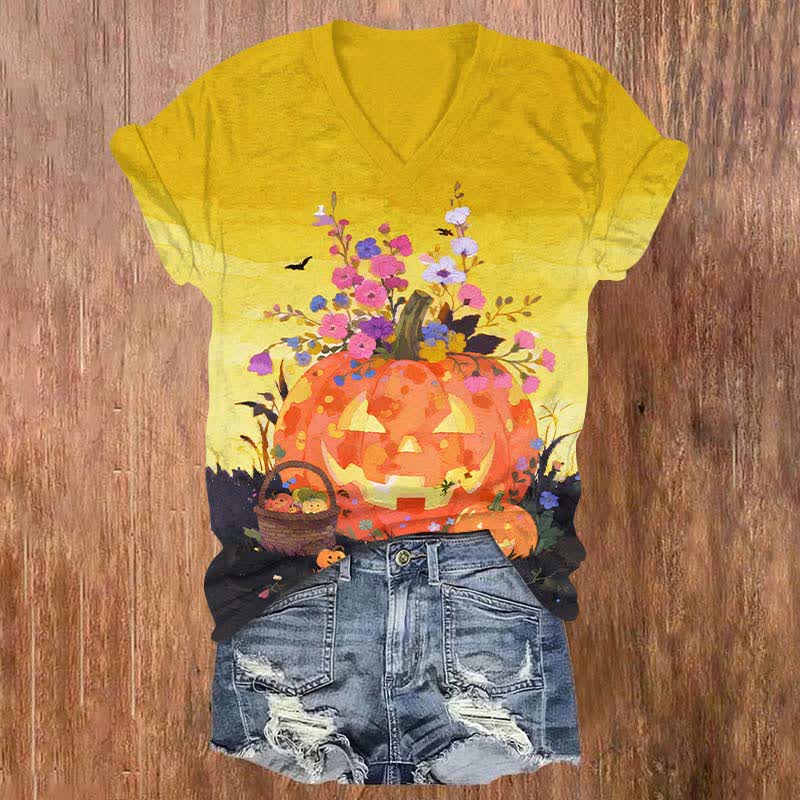Halloween Oil  Painting Flower Pumpkin Art Print V-neck T-shirt - Yellow - US32-34(5XL) - image 3