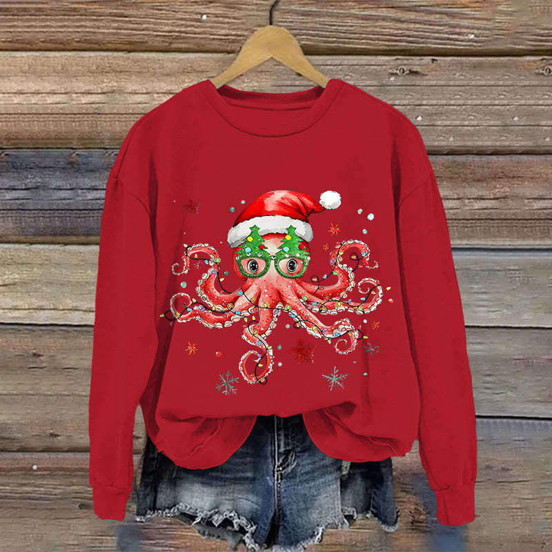 Fun LED Octopus Christmas Pattern Print Long Sleeve Sweatshirt - Red - US16-18(2XL) - image 3