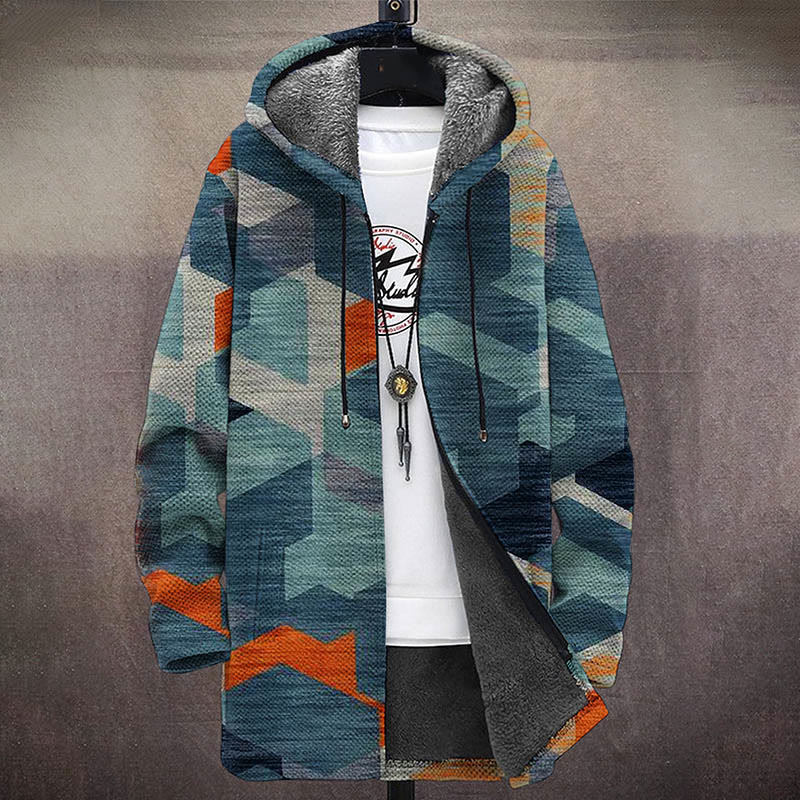 Men's Geometric Colorblock Print Unisex Plush Thick Long-sleeved Fleece Jacket Coat - image 2