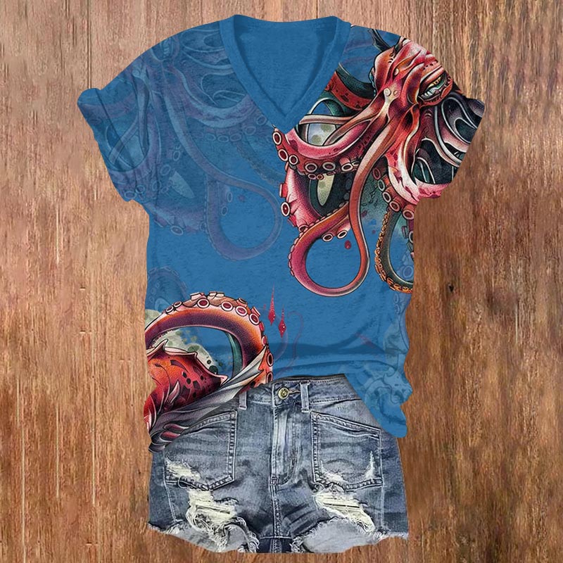 Retro Octopus Art Print V-neck T-shirt - Blue - US32-34(5XL) - image 2